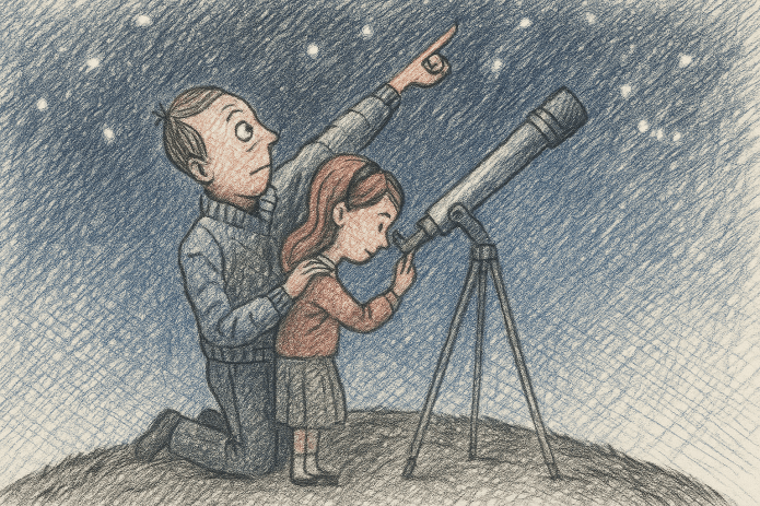 Um pai mostra o Espaço à filha. Bem vindo à Ciência!