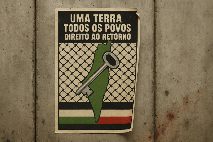 Cartaz no muro da vergonha por uma terra de todos os povos: pelo direito ao retorno