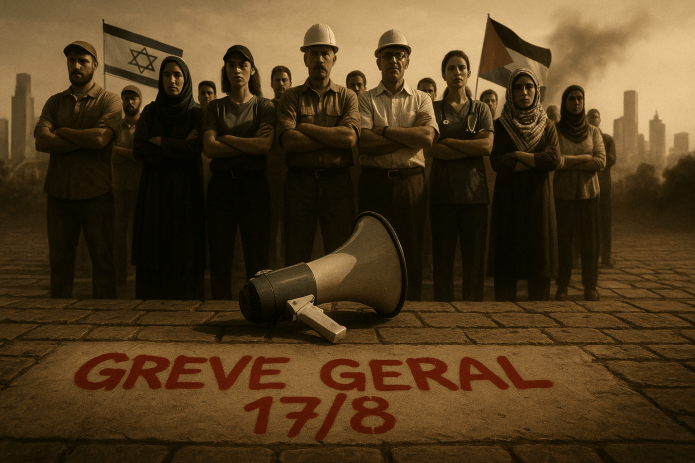 Multidão de trabalhadores israelenses e palestinos unidos em protesto durante greve geral em Tel Aviv, com megafone caído sobre paralelepípedos e pichação 'Greve Geral 17/8' em vermelho, bandeiras de Israel e Palestina ao fundo e fumaça na skyline urbana.