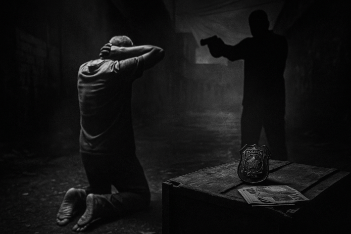 Fotografia mostra um homem pobre ajoelhado de costas em um beco escuro, com as mãos atrás da cabeça. À direita, uma figura sombria segura uma pistola apontada para ele. No primeiro plano, um distintivo policial e dinheiro estão sobre uma caixa de madeira. Simboliza a atuação dos esquadrões da morte na polícia do Rio de Janeiro