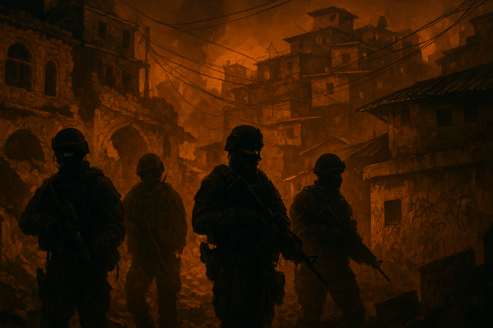 Imagem que funde a paisagem urbana de Gaza com uma favela do Rio de Janeiro, mostrando soldados não identificados mas heavily armed em posição de vigilância, representando a militarização como política de controle territorial.