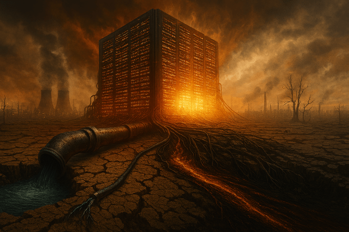 Imagem em estilo apocalíptico mostrando um enorme data center futurista em formato horizontal, drenando os recursos do planeta. Tubos grossos extraem a última água de um rio seco e sugar energia do solo, que fica carbonizado e rachado. Cabos arrancam minerais e raízes da terra, enquanto o data center brilha com luz intensa e emite ondas de calor sob um céu poluído, em uma paisagem desolada de terra arrasada