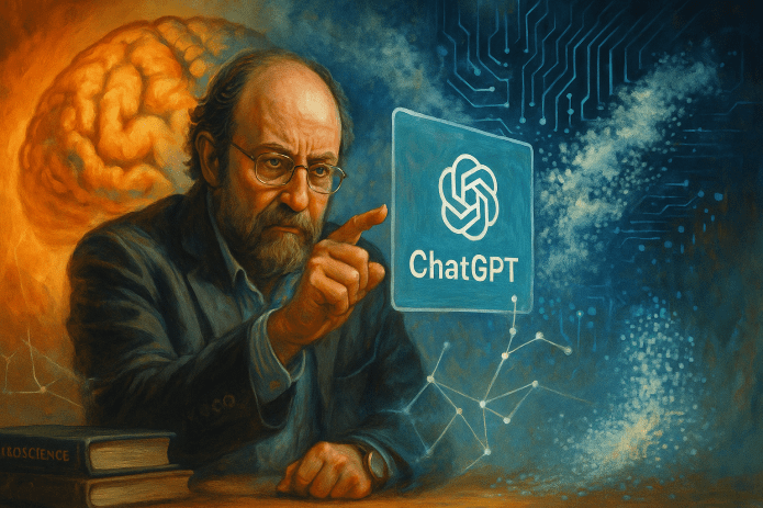 Miguel Nicolelis, neurocientista de expressão crítica, aponta para uma interface semitransparente do ChatGPT enquanto um cérebro humano orgânico contrasta com circuitos digitais que se desintegram ao fundo. Ilustração em estilo editorial que representa o debate entre inteligência biológica e artificial, com livros de neurociência em primeiro plano e elementos de dados se dissipando no ar.