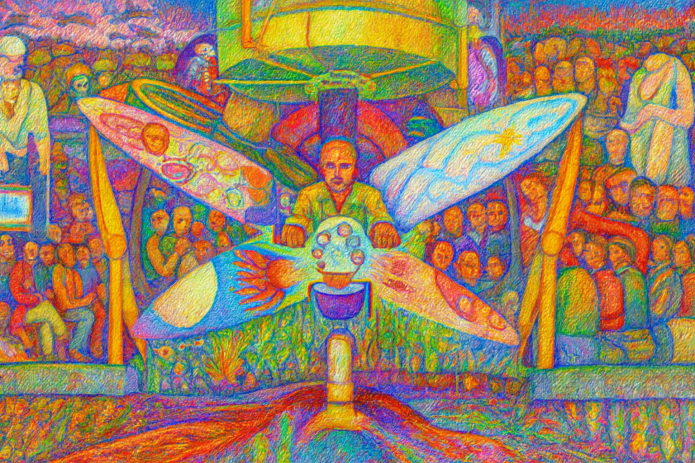 Mural 'O Homem na Encruzilhada' de Diego Rivera mostrando um homem central entre visões contrastantes de capitalismo e comunismo, com máquinas, trabalhadores e símbolos científicos ao redor.