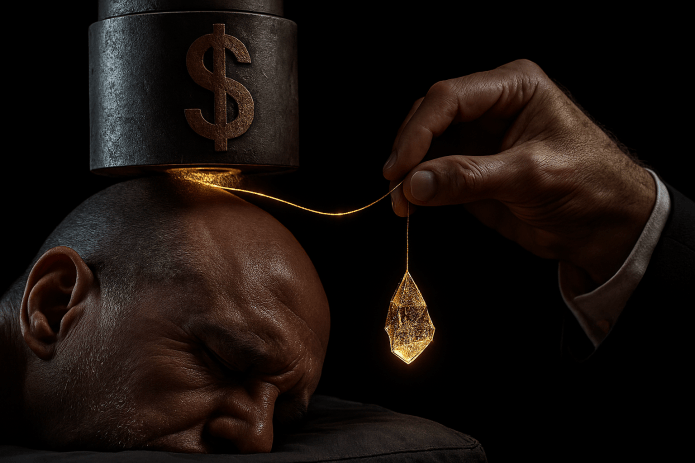 Close-up realista de uma prensa hidráulica com um cifrão dourado esmagando uma cabeça humana. Da mente pressionada, extrai-se um fio neuronal dourado que é transformado pela própria máquina em um cristal bruto. Metáfora visual crítica sobre como o capitalismo neoliberal pressiona a saúde mental e depois mercantiliza o sofrimento através de pseudociências.