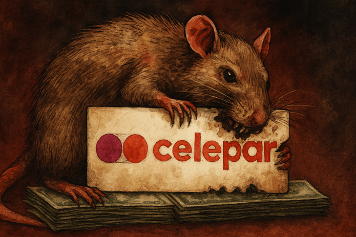 Ratinho Júnior roendo a Celepar em cima de uma pilha de dinheiro