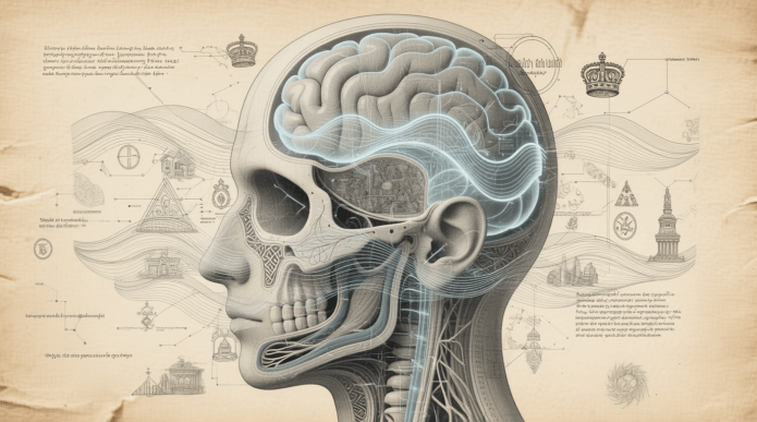 Ilustração em estilo anatômico de uma cabeça humana em perfil, revelando camadas internas com diagramas, padrões culturais e estruturas sociais, representando a religião como construção humana complexa.