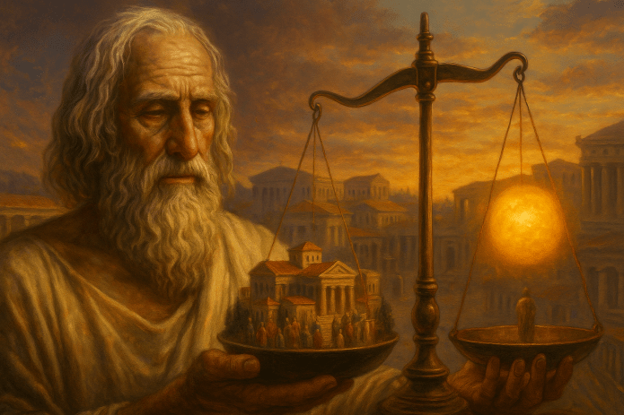 Pintura a óleo de Protagoras, filósofo grego, retratado como um ancião de barba branca segurando uma grande balança de bronze. Em um dos pratos há uma miniatura de uma cidade com pessoas, e no outro um sol brilhante, simbolizando a ideia de que “o homem é a medida de todas as coisas”. Ao fundo, a ágora grega ao pôr do sol, com luz dourada e atmosfera contemplativa.