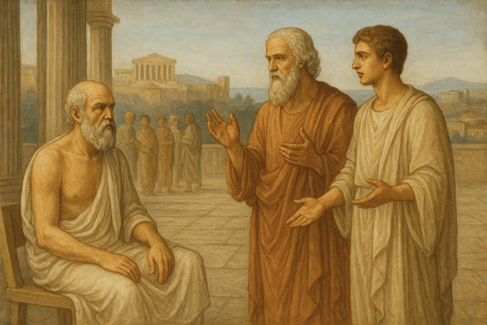 Pintura no estilo da arte grega antiga mostrando Sócrates sentado à esquerda, em uma cadeira simples, com túnica branca e expressão atenta, dialogando com Teodoro, um homem mais velho de barba grisalha, e Teeteto, um jovem ateniense, ambos em pé à direita. A cena ocorre em um pátio de pedra com colunas dóricas ao fundo, onde outros cidadãos gregos aparecem desfocados, e, ao longe, vê-se a cidade murada de Mégara sob um céu claro mediterrâneo.